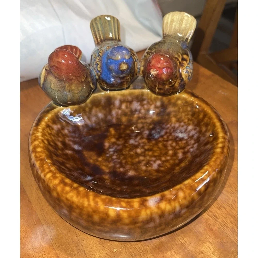 Whimsical Glazed Ceramic‎ Bird Bowl w/Three Birds–Feeder-Birdbath-Trinket Dish